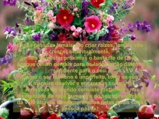 Essas pessoas jamais vão criar raízes, jamais vãoEssas pessoas jamais vão criar raízes, jamais vão
crescer espiritualmente,crescer espiritualmente,
jamais vão estar próximas o bastante de Deus,jamais vão estar próximas o bastante de Deus,
porque olham demais para os lados e não olham oporque olham demais para os lados e não olham o
suficiente para o céu.suficiente para o céu.
Como o ser humano é imperfeito, torto na suaComo o ser humano é imperfeito, torto na sua
maneira de viver e encarar as coisas!maneira de viver e encarar as coisas!
A riqueza do mundo consiste justamente naA riqueza do mundo consiste justamente na
diversidade da raça humana e do seu aprendizadodiversidade da raça humana e do seu aprendizado
da vida através das experiências pelas quais cadada vida através das experiências pelas quais cada
pessoa passa.pessoa passa.
 