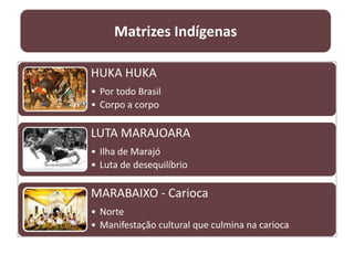 HUKA HUKA
• Por todo Brasil
• Corpo a corpo
LUTA MARAJOARA
• Ilha de Marajó
• Luta de desequilíbrio
MARABAIXO - Carioca
• Norte
• Manifestação cultural que culmina na carioca
Matrizes Indígenas
 