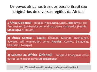 Os povos africanos trazidos para o Brasil são
originários de diversas regiões da África:
1 África Ocidental - Yorubás (Nagô, Ketu, Egbá), Jejes (Ewê, Fon),
Fanti-Ashanti (conhecidos como Mina), povos islamizados (Peuhls,
Mandingas e Haussás)
2) África Central - Bantos: Bakongo, Mbundo, Ovimbundo,
Bawoyo, Wili (conhecidos como Angolas, Congos, Benguelas,
Cabindas e Loangos)
3) Sudeste da África Oriental - Tongas e Changanas entre
outros (conhecidos como Moçambiques)
http://dossieafricano212.weebly.com/legado-cultural.html
 