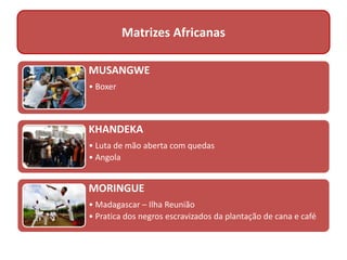 MUSANGWE
• Boxer
KHANDEKA
• Luta de mão aberta com quedas
• Angola
MORINGUE
• Madagascar – Ilha Reunião
• Pratica dos negros escravizados da plantação de cana e café
Matrizes Africanas
 