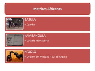 BASULA
• Quedas
KAMBANGULA
• Luta de mão aberta
N´GOLO
• Origem em Mucope – sul de Angola
Matrizes Africanas
 