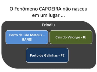 O Fenômeno CAPOEIRA não nasceu
em um lugar ...
Porto de São Mateus –
BA/ES
Porto de Galinhas - PE
Eclodiu
Cais do Valongo - RJ
 