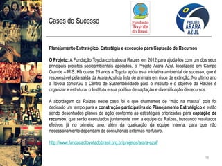 Cases de Sucesso 
18 
PlanejamentoEstratégico,EstratégiaeexecuçãoparaCaptaçãodeRecursos 
OProjeto:AFundaçãoToyotacontratouaRaízesem2012paraajudá-loscomumdosseusprincipaisprojetossocioambientaisapoiados,oProjetoAraraAzul,localizadoemCampoGrande–M.S.Háquase25anosaToyotaapóiaestainiciativaambientaldesucesso,queéresponsávelpelasaídadaAraraAzuldalistadeanimaisemriscodeextinção.NoultimoanoaToyotaconstruiuoCentrodeSustentabilidadeparaoinstitutoeoobjetivodaRaízeséorganizareestruturaroInstitutoesuapolíticadecaptaçãoediversificaçãoderecursos. 
AabordagemdaRaízesnestecasofoioquechamamosde“mãonamassa”poisfoidedicadoumtempoparaaconstruçãoparticipativadoPlanejamentoEstratégicoeestãosendodesenhadosplanosdeaçãoconformeasestratégiaspriorizadasparacaptaçãoderecursos,queserãoexecutadosjuntamentecomaequipedaRaízes,buscandoresultadosefetivosjánoprimeiroano,alémdaqualicaçãodaequipeinterna,paraquenãonecessariamentedependamdeconsultoriasexternasnofuturo. 
http://www.fundacaotoyotadobrasil.org.br/projetos/arara-azul/  