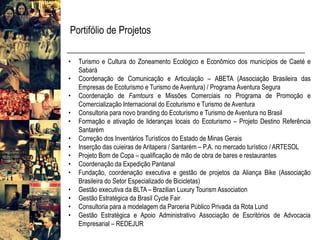 Portifólio de Projetos 
•TurismoeCulturadoZoneamentoEcológicoeEconômicodosmunicípiosdeCaetéeSabará 
•CoordenaçãodeComunicaçãoeArticulação–ABETA(AssociaçãoBrasileiradasEmpresasdeEcoturismoeTurismodeAventura)/ProgramaAventuraSegura 
•CoordenaçãodeFamtourseMissõesComerciaisnoProgramadePromoçãoeComercializaçãoInternacionaldoEcoturismoeTurismodeAventura 
•ConsultoriaparanovobrandingdoEcoturismoeTurismodeAventuranoBrasil 
•FormaçãoeativaçãodeliderançaslocaisdoEcoturismo–ProjetoDestinoReferênciaSantarém 
•CorreçãodosInventáriosTurísticosdoEstadodeMinasGerais 
•InserçãodascuieirasdeAritapera/Santarém–P.A.nomercadoturístico/ARTESOL 
•ProjetoBomdeCopa–qualificaçãodemãodeobradebareserestaurantes 
•CoordenaçãodaExpediçãoPantanal 
•Fundação,coordenaçãoexecutivaegestãodeprojetosdaAliançaBike(AssociaçãoBrasileiradoSetorEspecializadodeBicicletas) 
•GestãoexecutivadaBLTA–BrazilianLuxuryTourismAssociation 
•GestãoEstratégicadaBrasilCycleFair 
•ConsultoriaparaamodelagemdaParceriaPúblicoPrivadadaRotaLund 
•GestãoEstratégicaeApoioAdministrativoAssociaçãodeEscritóriosdeAdvocaciaEmpresarial–REDEJUR  