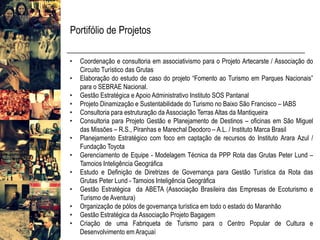 Portifólio de Projetos 
•CoordenaçãoeconsultoriaemassociativismoparaoProjetoArtecarste/AssociaçãodoCircuitoTurísticodasGrutas 
•Elaboraçãodoestudodecasodoprojeto“FomentoaoTurismoemParquesNacionais” paraoSEBRAENacional. 
•GestãoEstratégicaeApoioAdministrativoInstitutoSOSPantanal 
•ProjetoDinamizaçãoeSustentabilidadedoTurismonoBaixoSãoFrancisco–IABS 
•ConsultoriaparaestruturaçãodaAssociaçãoTerrasAltasdaMantiqueira 
•ConsultoriaparaProjetoGestãoePlanejamentodeDestinos–oficinasemSãoMigueldasMissões–R.S.,PiranhaseMarechalDeodoro–A.L./InstitutoMarcaBrasil 
•PlanejamentoEstratégicocomfocoemcaptaçãoderecursosdoInstitutoAraraAzul/ FundaçãoToyota 
•GerenciamentodeEquipe-ModelagemTécnicadaPPPRotadasGrutasPeterLund– TamoiosInteligênciaGeográfica 
•EstudoeDefiniçãodeDiretrizesdeGovernançaparaGestãoTurísticadaRotadasGrutasPeterLund-TamoiosInteligênciaGeográfica 
•GestãoEstratégicadaABETA(AssociaçãoBrasileiradasEmpresasdeEcoturismoeTurismodeAventura) 
•OrganizaçãodepólosdegovernançaturísticaemtodooestadodoMaranhão 
•GestãoEstratégicadaAssociaçãoProjetoBagagem 
•CriaçãodeumaFabriquetadeTurismoparaoCentroPopulardeCulturaeDesenvolvimentoemAraçuaí  