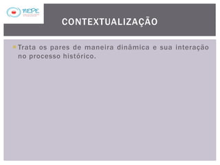  Trata os pares de maneira dinâmica e sua interação
no processo histórico.
CONTEXTUALIZAÇÃO
 