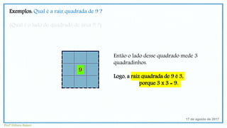 Exemplos: Qual é a raiz quadrada de 9 ?
(Qual é o lado do quadrado de área 9 ?)
17 de agosto de 2017
Então o lado desse quadrado mede 3
quadradinhos.
Logo, a raiz quadrada de 9 é 3,
porque 3 x 3 = 9.
Profª Débora Naiure
 