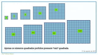 Apenas os números quadrados perfeitos possuem “raiz” quadrada.
17 de agosto de 2017
Profª Débora Naiure
 