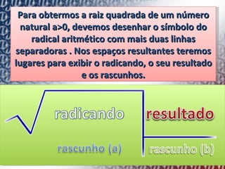 Para obtermos a raiz quadrada de um número natural a>0, devemos desenhar o símbolo do radical aritmético com mais duas linhas separadoras . Nos espaços resultantes teremos lugares para exibir o radicando, o seu resultado e os rascunhos. 