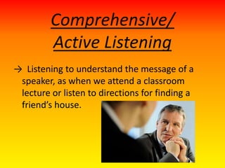 Comprehensive/
Active Listening
→ Listening to understand the message of a
speaker, as when we attend a classroom
lecture or listen to directions for finding a
friend’s house.
 