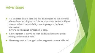 Advantages
 It is an extension of Star and bus Topologies, so in networks
where these topologies can't be implemented individually for
reasons related to scalability, tree topology is the best
alternative.
Error detection and correction is easy.
 Each segment is provided with dedicated point-to-point
wiring to the central hub.
 If one segment is damaged, other segments are not affected.
 