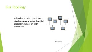 Bus Topology
All nodes are connected to a
single communication line that
carries messages in both
directions
 
