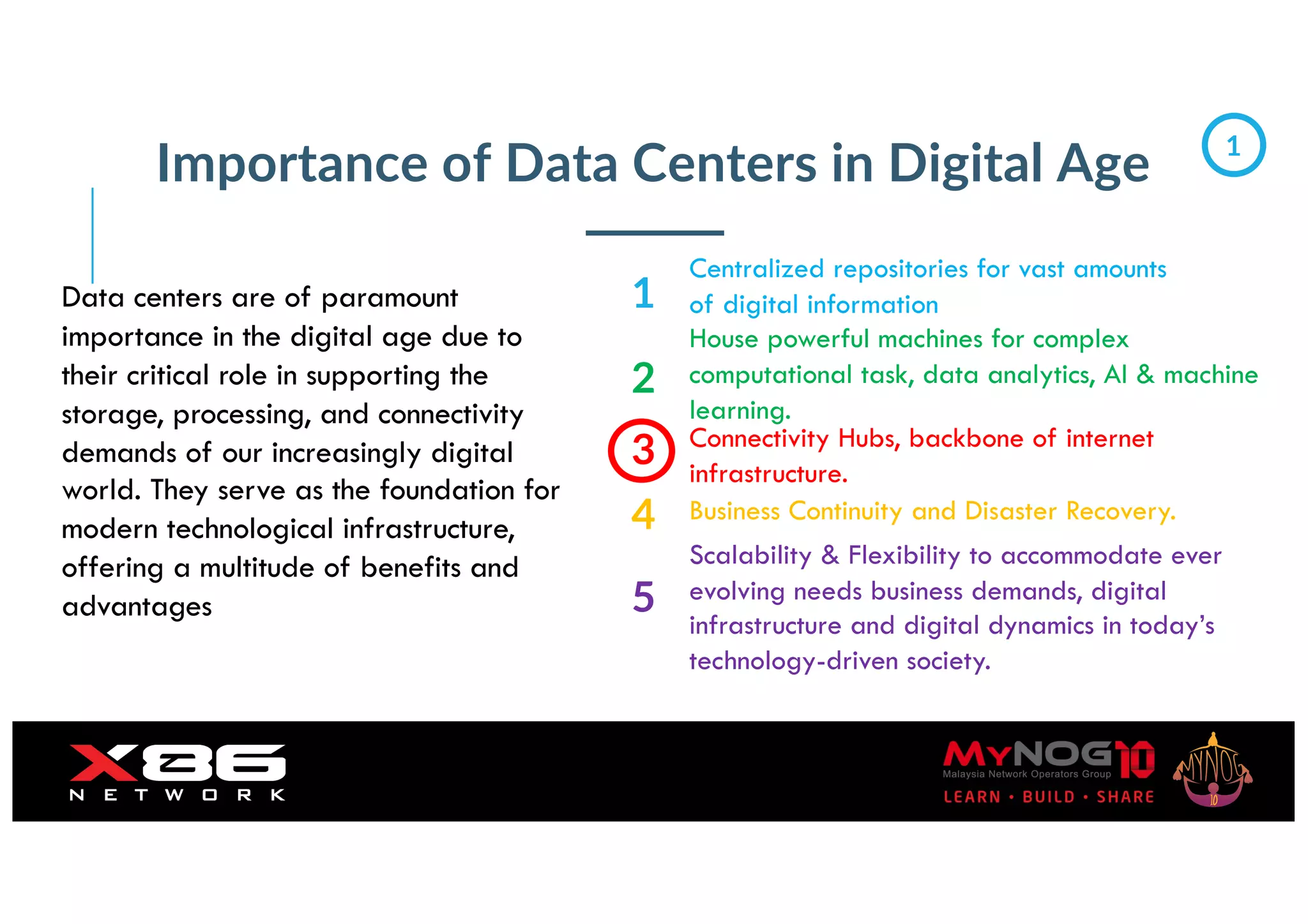Importance of Data Centers in Digital Age
Data centers are of paramount
importance in the digital age due to
their critical role in supporting the
storage, processing, and connectivity
demands of our increasingly digital
world. They serve as the foundation for
modern technological infrastructure,
offering a multitude of benefits and
advantages
1
1
Centralized repositories for vast amounts
of digital information
2
House powerful machines for complex
computational task, data analytics, AI & machine
learning.
3 Connectivity Hubs, backbone of internet
infrastructure.
4 Business Continuity and Disaster Recovery.
5
Scalability & Flexibility to accommodate ever
evolving needs business demands, digital
infrastructure and digital dynamics in today’s
technology-driven society.
 