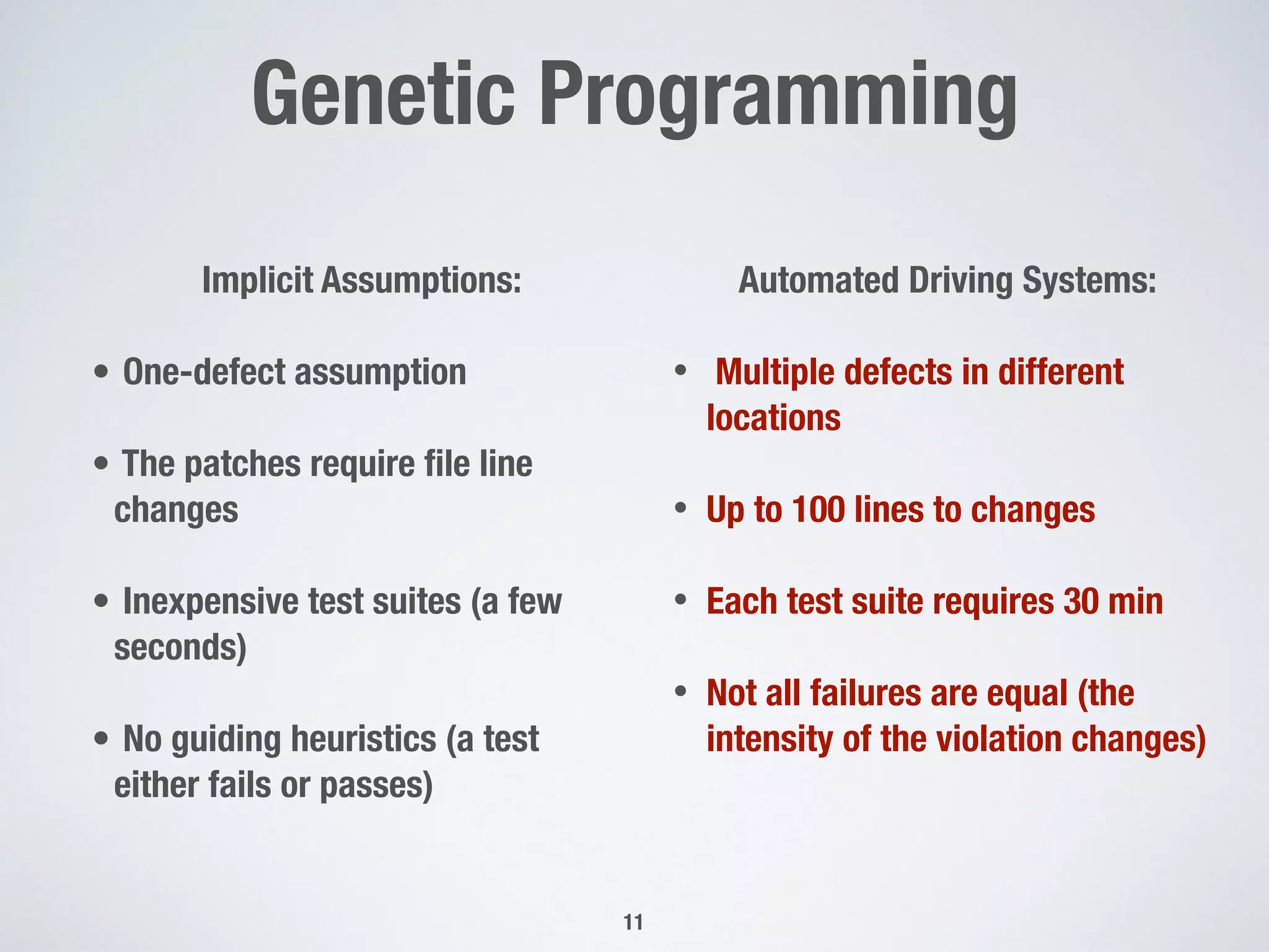 Genetic Programming
!11
Implicit Assumptions:
• One-defect assumption
• The patches require ﬁle line
changes
• Inexpensive test suites (a few
seconds)
• No guiding heuristics (a test
either fails or passes)
Automated Driving Systems:
• Multiple defects in different
locations
• Up to 100 lines to changes
• Each test suite requires 30 min
• Not all failures are equal (the
intensity of the violation changes)
 