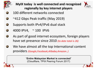 10
MyIX today is well connected and recognized
regionally by key internet players
100 different networks connected
~412 Gbps Peak traffic (May 2019)
Supports both IPv4/IPv6 dual stack
4000 IPV4, ~ 100 IPV6
As part of good internet ecosystem, foreign players
have set presence since 2010 (to date total is 26)
We have almost all the top International content
providers (Google,Facebook,Alibaba,Amazon..)
“Entire Malaysian Market is connected”
(Cloudflare, TPIX Peering Forum 2017)
 