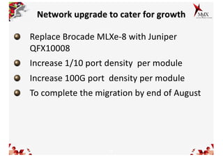 14
Network upgrade to cater for growth
Replace Brocade MLXe-8 with Juniper
QFX10008
Increase 1/10 port density per module
Increase 100G port density per module
To complete the migration by end of August
 