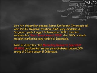 Lion Air diresmikan sebagai ketua Konferensi Internasional
Asia Pacific Regional Aviation (ARA) yang diadakan di
Singapura pada tanggal 19 November 2003. Lion Air
memperoleh "Best Brand Award 2004" dari SWA, sebuah
majalah marketing yang terbit di Indonesia.
hasil ini diperoleh oleh Marketing Research Specialist
(MARS) berdasarkan survey yang dilakukan pada 6.000
orang di 5 kota besar di Indonesia.
 