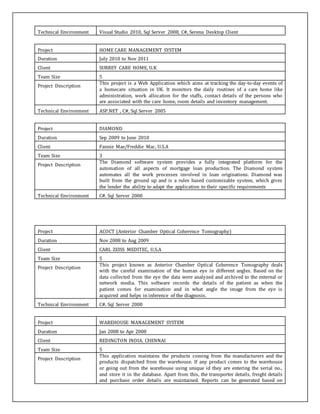 Technical Environment Visual Studio 2010, Sql Server 2008, C#, Serena Desktop Client
Project HOME CARE MANAGEMENT SYSTEM
Duration July 2010 to Nov 2011
Client SURREY CARE HOME, U.K
Team Size 5
Project Description
This project is a Web Application which aims at tracking the day-to-day events of
a homecare situation in UK. It monitors the daily routines of a care home like
administration, work allocation for the staffs, contact details of the persons who
are associated with the care home, room details and inventory management.
Technical Environment ASP.NET , C#, Sql Server 2005
Project DIAMOND
Duration Sep 2009 to June 2010
Client Fannie Mae/Freddie Mac, U.S.A
Team Size 3
Project Description
The Diamond software system provides a fully integrated platform for the
automation of all aspects of mortgage loan production. The Diamond system
automates all the work processes involved in loan originations. Diamond was
built from the ground up and is a rules based customizable system, which gives
the lender the ability to adapt the application to their specific requirements
Technical Environment C#, Sql Server 2000
Project ACOCT (Anterior Chamber Optical Coherence Tomography)
Duration Nov 2008 to Aug 2009
Client CARL ZEISS MEDITEC, U.S.A
Team Size 5
Project Description
This project known as Anterior Chamber Optical Coherence Tomography deals
with the careful examination of the human eye in different angles. Based on the
data collected from the eye the data were analyzed and archived to the external or
network media. This software records the details of the patient as when the
patient comes for examination and in what angle the image from the eye is
acquired and helps in inference of the diagnosis.
Technical Environment C#, Sql Server 2000
Project WAREHOUSE MANAGEMENT SYSTEM
Duration Jan 2008 to Apr 2008
Client REDINGTON INDIA, CHENNAI
Team Size 5
Project Description
This application maintains the products coming from the manufacturers and the
products dispatched from the warehouse. If any product comes to the warehouse
or going out from the warehouse using unique id they are entering the serial no.,
and store it in the database. Apart from this, the transporter details, freight details
and purchase order details are maintained. Reports can be generated based on
 