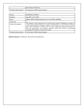 the invoice no., date etc.,
Technical Environment C#, Sql Server 2000, Crystal Reports
Project HOUSEHOLD SURVEY
Duration Aug 2007 to Dec 2007
Client SARVA SIKSHA ABHIAN [Education For All ]DPEP, CHENNAI
Team Size 2
Project Description
The objective of this application is to find out the number of habitation, number of
school going children, dropouts, number of child laborers in each district of Tamil
nadu. The information collected will be used to generate reports and based on
that the government can generate statistics which will result in providing
compulsory education for the rural masses.
Technical Environment C#, Sql Server 2000, Crystal Reports
Domain Exposure : Healthcare, HR, Telecom and Education
 
