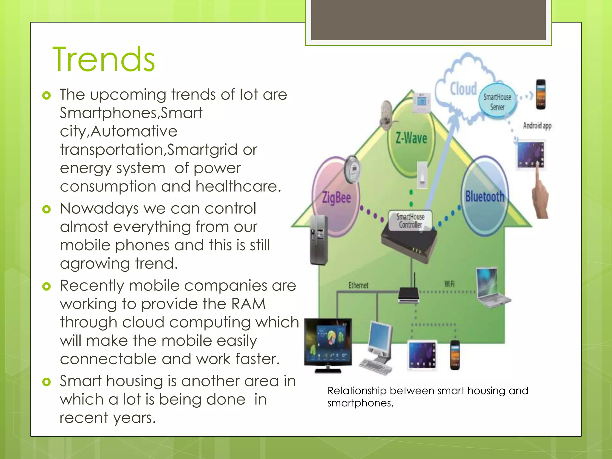 Trends
 The upcoming trends of Iot are
Smartphones,Smart
city,Automative
transportation,Smartgrid or
energy system of power
consumption and healthcare.
 Nowadays we can control
almost everything from our
mobile phones and this is still
agrowing trend.
 Recently mobile companies are
working to provide the RAM
through cloud computing which
will make the mobile easily
connectable and work faster.
 Smart housing is another area in
which a lot is being done in
recent years.
Relationship between smart housing and
smartphones.
 