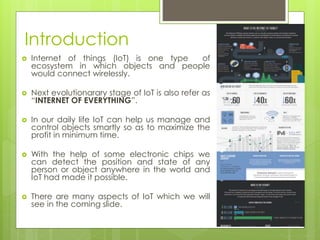 Introduction
 Internet of things (IoT) is one type of
ecosystem in which objects and people
would connect wirelessly.
 Next evolutionarary stage of IoT is also refer as
“INTERNET OF EVERYTHING”.
 In our daily life IoT can help us manage and
control objects smartly so as to maximize the
profit in minimum time.
 With the help of some electronic chips we
can detect the position and state of any
person or object anywhere in the world and
IoT had made it possible.
 There are many aspects of IoT which we will
see in the coming slide.
 