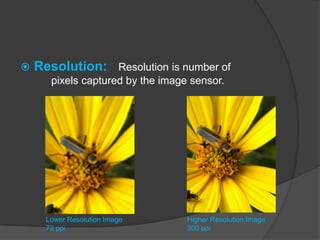  Resolution: Resolution is number of
pixels captured by the image sensor.
Higher Resolution Image
300 ppi
Lower Resolution Image
72 ppi
 