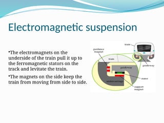 Electromagnetic suspension
•The electromagnets on the
underside of the train pull it up to
the ferromagnetic stators on the
track and levitate the train.
•The magnets on the side keep the
train from moving from side to side.
 