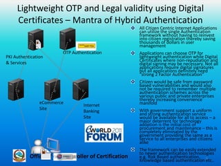Lightweight OTP and Legal validity using Digital Certificates – Mantra of Hybrid AuthenticationAll Citizen Centric Internet Applications can utilize the single Authentication framework without having to reinvest into citizen registration thereby saving thousands of dollars in user managementApplications can choose OTP for lightweight authentication while Digital Certificates where non-repudiation and digital signing may be necessary. Not all applications require digital signatures but all applications definitely need “strong 2 Factor Authentication”Citizen would be safe from password based vulnerabilities and would also not be required to remember multiple authentication schemes across the various public and private enterprises thereby increasing convenience manifoldWith government support a uniform and strong authentication service would be available for all to access – a major deterrent for technology adoption is the initial cost of procurement and maintenance – this is completely eliminated by the government providing the same as a service to all enterprises and citizens alikeThe framework can be easily extended to newer authentication technologies e.g. Risk Based authentication, Knowledge based authentication etc..5OTP AuthenticationPKI Authentication& ServiceseCommerceSiteInternetBankingSite