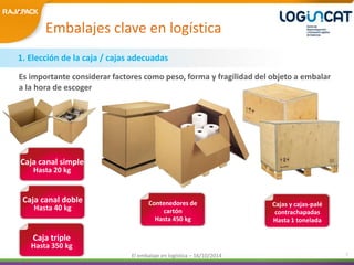 Embalajes clave en logística 
1. Elección de la caja / cajas adecuadas 
Es importante considerar factores como peso, forma y fragilidad del objeto a embalar 
a la hora de escoger 
El embalaje en logística – 16/10/2014 7 
Caja canal simple 
Hasta 20 kg 
Caja canal doble 
Hasta 40 kg 
Caja triple 
Hasta 350 kg 
Contenedores de 
cartón 
Hasta 450 kg 
Cajas y cajas-palé 
contrachapadas 
Hasta 1 tonelada 
 