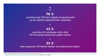 76 %
nuorista koki TikTokin käytön koukuttavaksi
ja sen käytön lopettamisen vaikeaksi
33 %
koki saavansa TikTokista kaiken tarvitsemansa tiedon
43 %
nuorista oli huolissaan siitä, että
TikTok kerää heistä liian paljon tietoa
32
Lähde: Uutismedian liitto, 29.1.2024, Nuoret ja uutismediasuhde –tutkimus, https://www.uutismediat.fi/ajankohtaista/uutisten-viikon-tutkimus-tiktok-on-noussut-nuorten-tarkeimmaksi-
uutiskanavaksi-kiinnostus-omaan-elamaan-liittyviin-uutisiin-kasvussa/ (N=755, 13-18-vuotiaat)
 