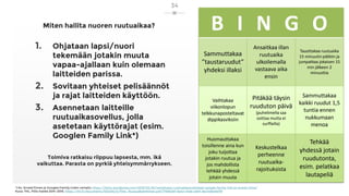 Miten hallita nuoren ruutuaikaa?
34
1. Ohjataan lapsi/nuori
tekemään jotakin muuta
vapaa-ajallaan kuin olemaan
laitteiden parissa.
2. Sovitaan yhteiset pelisäännöt
ja rajat laitteiden käyttöön.
3. Asennetaan laitteille
ruutuaikasovellus, jolla
asetetaan käyttörajat (esim.
Googlen Family Link*)
Toimiva ratkaisu riippuu lapsesta, mm. ikä
vaikuttaa. Parasta on pyrkiä yhteisymmärrykseen.
*) Ks. ScreenTimen ja Googlen Family Linkin vertailu: https://harto.wordpress.com/2019/05/30/vertailussa-ruutuaikasovellukset-google-family-link-ja-screen-time/
Kuva: THL, Fiilis-hanke 2014–2019, https://thl.fi/documents/920246/0/Fiilis_Ruutuaikalehtinen.pdf/7758426f-8a42-44de-b64f-8ec4d6e4b75f
 