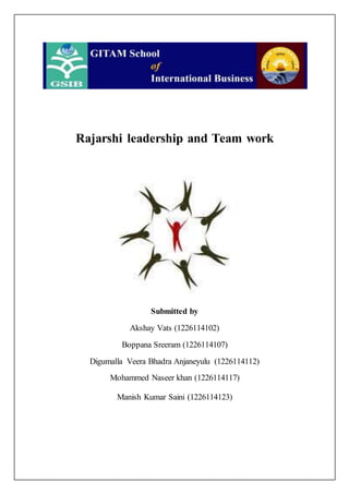 Rajarshi leadership and Team work
Submitted by
Akshay Vats (1226114102)
Boppana Sreeram (1226114107)
Digumalla Veera Bhadra Anjaneyulu (1226114112)
Mohammed Naseer khan (1226114117)
Manish Kumar Saini (1226114123)
 