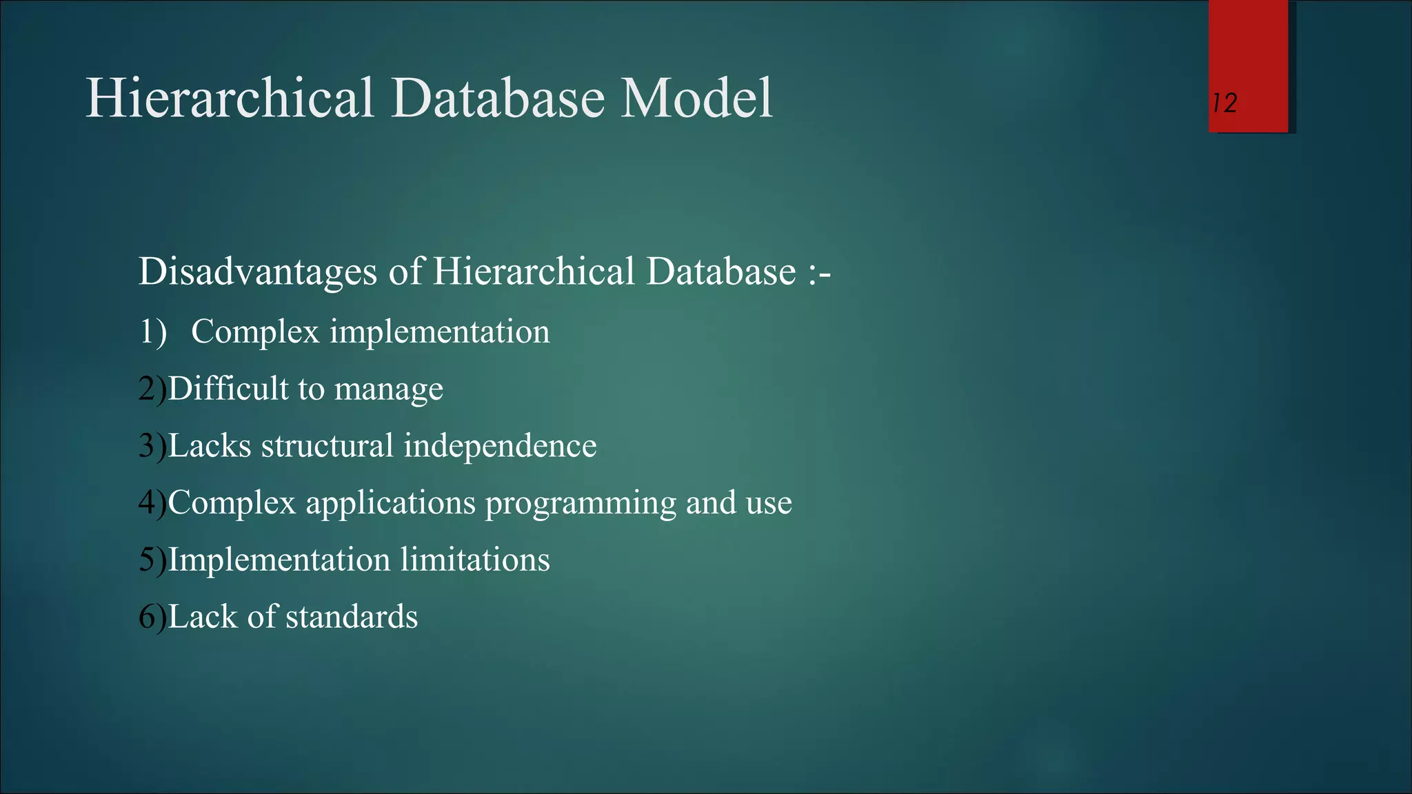 Hierarchical Database Model 
Disadvantages of Hierarchical Database :- 
1) Complex implementation 
2)Difficult to manage 
3)Lacks structural independence 
4)Complex applications programming and use 
5)Implementation limitations 
6)Lack of standards 
12 
 