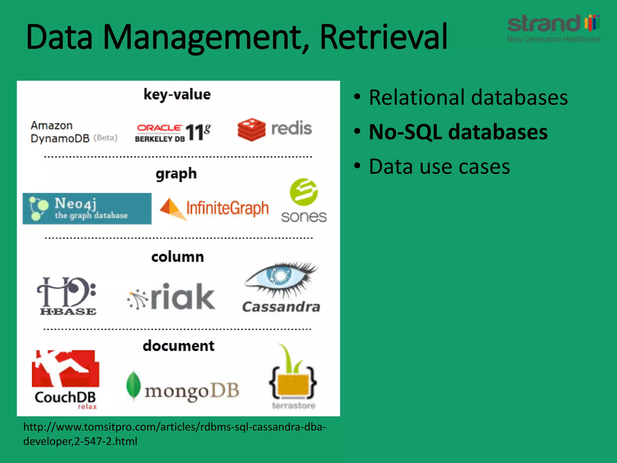 Data Management, Retrieval
• Relational databases
• No-SQL databases
• Data use cases
http://www.tomsitpro.com/articles/rdbms-sql-cassandra-dba-
developer,2-547-2.html
 