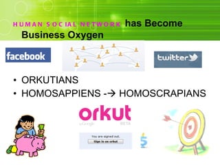 ORKUTIANS HOMOSAPPIENS -   HOMOSCRAPIANS HUMAN SOCIAL NETWORK  has Become Business Oxygen 