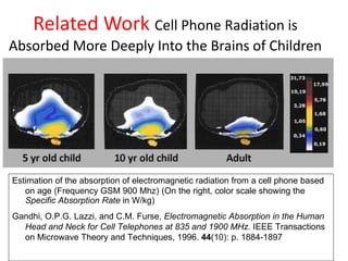Related Work  Cell Phone Radiation is Absorbed More Deeply Into the Brains of Children Estimation of the absorption of electromagnetic radiation from a cell phone based on age (Frequency GSM 900 Mhz)   (On the right, color scale showing the  Specific Absorption Rate  in W/kg) Gandhi, O.P.G. Lazzi, and C.M. Furse,  Electromagnetic Absorption in the Human Head and Neck for Cell Telephones at 835 and 1900 MHz.  IEEE Transactions on Microwave Theory and Techniques, 1996.  44 (10): p. 1884-1897 
