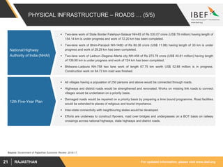 For updated information, please visit www.ibef.orgRAJASTHAN21
PHYSICAL INFRASTRUCTURE – ROADS … (5/5)
 Two-lane work of State Border Fatehpur-Salasar NH-65 of Rs 530.07 crore (US$ 79 million) having length of
154.14 km is under progress and work of 72.20 km has been completed.
 Two-lane work of Bhim-Parasoli NH-148D of Rs 80.36 crore (US$ 11.98) having length of 33 km is under
progress and work of 29.29 km has been completed.
 Two-lane work of Ladnun–Degana–Merta city NH-458 of Rs 273.78 crore (US$ 40.81 million) having length
of 139.90 km is under progress and work of 124 km has been completed.
 Bhilwara–Ladpura NH-758 two lane work of length 67.75 km worth US$ 52.68 million is in progress.
Construction work on 64.72 km road was finished.
 All villages having a population of 250 persons and above would be connected through roads.
 Highways and district roads would be strengthened and renovated. Works on missing link roads to connect
villages would be undertaken on a priority basis.
 Damaged roads would be repaired on a priority basis by preparing a time bound programme. Road facilities
would be extended to places of religious and tourist importance.
 Inter-state connectivity with neighbouring states would be developed.
 Efforts are underway to construct flyovers, road over bridges and underpasses on a BOT basis on railway
crossings across national highways, state highways and district roads.
National Highway
Authority of India (NHAI)
12th Five-Year Plan
Source: Government of Rajasthan Economic Review 2016-17
 