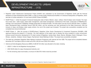 For updated information, please visit www.ibef.orgRAJASTHAN28
DEVELOPMENT PROJECTS: URBAN
INFRASTRUCTURE … (1/3)
 Rajasthan Urban Infrastructure Development Project (RUIDP) was undertaken by the Government of Rajasthan (GoR) with the financial
assistance of Asian Development Bank (ADB), in order to provide quality infrastructural facilities in 6 divisional headquarters of Rajasthan, which
was later on further extended to 15 more towns (RUIDP Phase-II RUS$IP).
 RUIDP Phase- I : Under this program 6 divisional headquarter cities of Ajmer, Bikaner, Jaipur, Jodhpur, Kota & Udaipur were included. The major
focus areas were - water supply, waste water management, solid waste management, maintenance of the roads, construction of ROBs/flyovers,
drainage, slum improvement, firefighting, heritage preservation & medical & health. The total project cost was around US$ 362 million. In addition,
Asian Development Bank contributed around US$ 250 million, and the remaining sum was sanctioned by the State Government. With the
inclusion of Jaipur and Bisalpur water supply scheme, the cost of the project was increased. The project was successfully completed and the
completed loan amount reimbursed.
 RUIDP Phase- II : After the success of RUIDP-phase-I, Rajasthan Urban Sector Development & Investment Programme (RUS$IP), ADB
approved financing the phase-II in 3 tranches. The chief objective of the project was to develop the living conditions & urban environment,
enhance social & economic development of 15 urban centres of Rajasthan, namely Alwar, Baran, Barmer, Bharatpur, Bundi, Chittorgarh, Churu,
Dholpur, Jaisalmer, Jhalawar, Karauli, Nagaur, Raj Samand, Sawai Madhapur & Sikar. The project was successfully completed.
 The state has undertaken Rajasthan State Highway Investment Programme with external aid from ADB. The project will be completed between
November 2017 and March 2022 at a total cost of Rs 2,452.36 crore (US$ 378.8 million).
 Internal and Extra Budgetary Resources (IEBR) of US$ 467.36 million was allocated to the state, including:
• US$ 61.1 million for the Rajasthan Housing Board;
• US$ 129.85 million for Jaipur Development Authority; and
• For the remaining urban local bodies, an amount of US$ 276.4 million would be provided
Source: Rajasthan Urban Infrastructure Development Project, Government of Rajasthan; Rajasthan Budget 2016-17
 