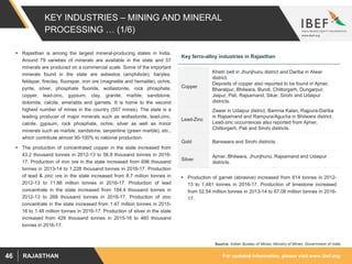 For updated information, please visit www.ibef.orgRAJASTHAN46
KEY INDUSTRIES – MINING AND MINERAL
PROCESSING … (1/6)
Copper
Khetri belt in Jhunjhunu district and Dariba in Alwar
district.
Deposits of copper also reported to be found in Ajmer,
Bharatpur, Bhilwara, Bundi, Chittorgarh, Dungarpur,
Jaipur, Pali, Rajsamand, Sikar, Sirohi and Udaipur
districts.
Lead-Zinc
Zawar in Udaipur district, Bamnia Kalan, Rajpura-Dariba
in Rajsamand and Rampura/Agucha in Bhilwara district.
Lead-zinc occurrences also reported from Ajmer,
Chittorgarh, Pali and Sirohi districts.
Gold Banswara and Sirohi districts.
Silver
Ajmer, Bhilwara, Jhunjhunu, Rajsamand and Udaipur
districts.
Source: Indian Bureau of Mines, Ministry of Mines, Government of India
 Rajasthan is among the largest mineral-producing states in India.
Around 79 varieties of minerals are available in the state and 57
minerals are produced on a commercial scale. Some of the important
minerals found in the state are asbestos (amphibole), barytes,
feldspar, fireclay, fluorspar, iron ore (magnetite and hematite), ochre,
pyrite, silver, phosphate fluoride, wollastonite, rock phosphate,
copper, lead-zinc, gypsum, clay, granite, marble, sandstone,
dolomite, calcite, emeralds and garnets. It is home to the second
highest number of mines in the country (557 mines). The state is a
leading producer of major minerals such as wollastonite, lead-zinc,
calcite, gypsum, rock phosphate, ochre, silver as well as minor
minerals such as marble, sandstone, serpentine (green marble), etc.,
which contribute almost 90-100% to national production.
 The production of concentrated copper in the state increased from
43.2 thousand tonnes in 2012-13 to 56.8 thousand tonnes in 2016-
17. Production of iron ore in the state increased from 696 thousand
tonnes in 2013-14 to 1,228 thousand tonnes in 2016-17. Production
of lead & zinc ore in the state increased from 8.7 million tonnes in
2012-13 to 11.88 million tonnes in 2016-17. Production of lead
concentrate in the state increased from 184.4 thousand tonnes in
2012-13 to 268 thousand tonnes in 2016-17. Production of zinc
concentrate in the state increased from 1.47 million tonnes in 2015-
16 to 1.48 million tonnes in 2016-17. Production of silver in the state
increased from 426 thousand tonnes in 2015-16 to 460 thousand
tonnes in 2016-17.
 Production of garnet (abrasive) increased from 614 tonnes in 2012-
13 to 1,481 tonnes in 2016-17. Production of limestone increased
from 52.54 million tonnes in 2013-14 to 67.08 million tonnes in 2016-
17.
Key ferro-alloy industries in Rajasthan
 