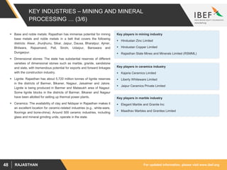 For updated information, please visit www.ibef.orgRAJASTHAN48
KEY INDUSTRIES – MINING AND MINERAL
PROCESSING … (3/6)
 Base and noble metals: Rajasthan has immense potential for mining
base metals and noble metals in a belt that covers the following
districts: Alwar, Jhunjhunu, Sikar, Jaipur, Dausa, Bharatpur, Ajmer,
Bhilwara, Rajsamand, Pali, Sirohi, Udaipur, Banswara and
Dungarpur.
 Dimensional stones: The state has substantial reserves of different
varieties of dimensional stones such as marble, granite, sandstone
and slate, with tremendous potential for exports and forward linkages
with the construction industry.
 Lignite: Rajasthan has about 5,720 million tonnes of lignite reserves
in the districts of Barmer, Bikaner, Nagaur, Jaisalmer and Jalore.
Lignite is being produced in Barmer and Matasukh area of Nagaur.
Some lignite blocks in the districts of Barmer, Bikaner and Nagaur
have been allotted for setting up thermal power plants.
 Ceramics: The availability of clay and feldspar in Rajasthan makes it
an excellent location for ceramic-related industries (e.g., white-ware,
floorings and bone-china). Around 500 ceramic industries, including
glass and mineral grinding units, operate in the state.
Key players in mining industry
 Hindustan Zinc Limited
 Hindustan Copper Limited
 Rajasthan State Mines and Minerals Limited (RSMML)
Key players in ceramics industry
 Kajaria Ceramics Limited
 Liberty Whiteware Limited
 Jaipur Ceramics Private Limited
Key players in marble industry
 Elegant Marble and Granite Inc
 Maadhav Marbles and Granites Limited
 