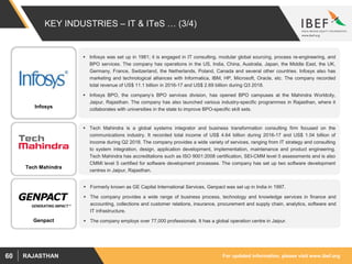 For updated information, please visit www.ibef.orgRAJASTHAN60
KEY INDUSTRIES – IT & ITeS … (3/4)
Infosys
Tech Mahindra
Genpact
 Infosys was set up in 1981; it is engaged in IT consulting, modular global sourcing, process re-engineering, and
BPO services. The company has operations in the US, India, China, Australia, Japan, the Middle East, the UK,
Germany, France, Switzerland, the Netherlands, Poland, Canada and several other countries. Infosys also has
marketing and technological alliances with Informatica, IBM, HP, Microsoft, Oracle, etc. The company recorded
total revenue of US$ 11.1 billion in 2016-17 and US$ 2.69 billion during Q3 2018.
 Infosys BPO, the company’s BPO services division, has opened BPO campuses at the Mahindra Worldcity,
Jaipur, Rajasthan. The company has also launched various industry-specific programmes in Rajasthan, where it
collaborates with universities in the state to improve BPO-specific skill sets.
 Tech Mahindra is a global systems integrator and business transformation consulting firm focused on the
communications industry. It recorded total income of US$ 4.64 billion during 2016-17 and US$ 1.04 billion of
income during Q2 2018. The company provides a wide variety of services, ranging from IT strategy and consulting
to system integration, design, application development, implementation, maintenance and product engineering.
Tech Mahindra has accreditations such as ISO 9001:2008 certification, SEI-CMM level 5 assessments and is also
CMMI level 5 certified for software development processes. The company has set up two software development
centres in Jaipur, Rajasthan.
 Formerly known as GE Capital International Services, Genpact was set up in India in 1997.
 The company provides a wide range of business process, technology and knowledge services in finance and
accounting, collections and customer relations, insurance, procurement and supply chain, analytics, software and
IT infrastructure.
 The company employs over 77,000 professionals. It has a global operation centre in Jaipur.
 