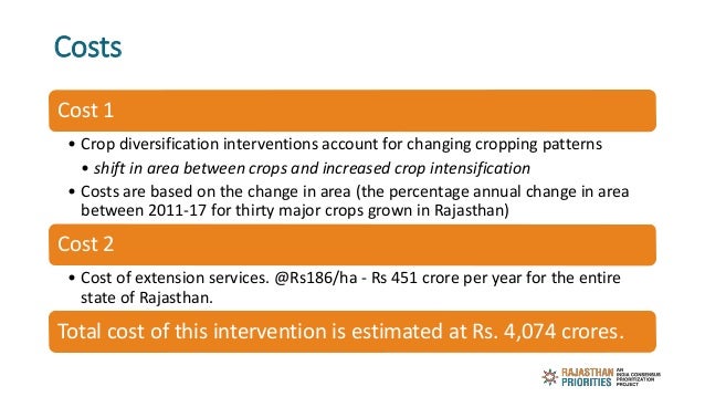 Costs
Cost 1
• Crop diversification interventions account for changing cropping patterns
• shift in area between crops and...
