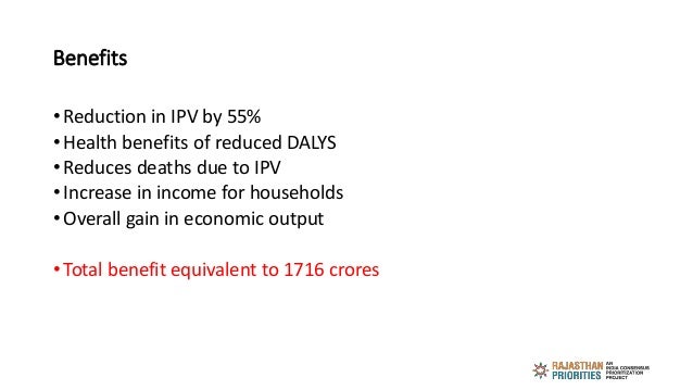 Benefits
• Reduction in IPV by 55%
• Health benefits of reduced DALYS
• Reduces deaths due to IPV
• Increase in income for...