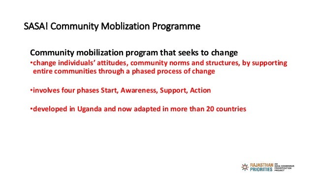SASA! Community Moblization Programme
Community mobilization program that seeks to change
•change individuals’ attitudes, ...