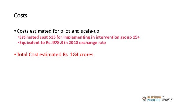 Costs
• Costs estimated for pilot and scale-up
•Estimated cost $15 for implementing in intervention group 15+
•Equivalent ...