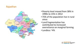 Rajasthan
• Poverty level moved from 38% in
1990s to 15% in 2012
• 75% of the population live in rural
areas
• Land fragme...