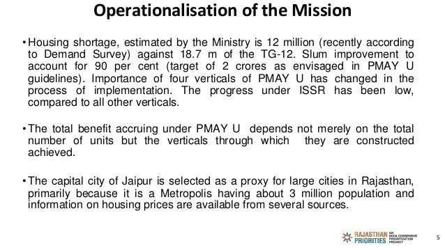 Operationalisation of the Mission
•Housing shortage, estimated by the Ministry is 12 million (recently according
to Demand...