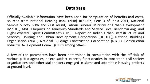 Database
Officially available information have been used for computation of benefits and costs,
sourced from National Hous...
