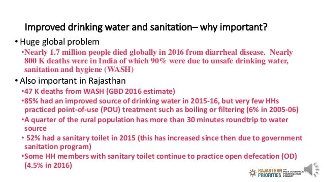Improved drinking water and sanitation– why important?
• Huge global problem
•Nearly 1.7 million people died globally in 2...