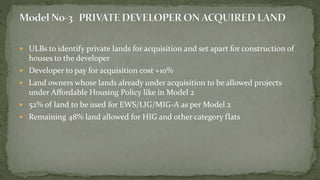  ULBs to identify private lands for acquisition and set apart for construction of
houses to the developer
 Developer to pay for acquisition cost +10%
 Land owners whose lands already under acquisition to be allowed projects
under Affordable Housing Policy like in Model 2
 52% of land to be used for EWS/LIG/MIG-A as per Model 2
 Remaining 48% land allowed for HIG and other category flats
 